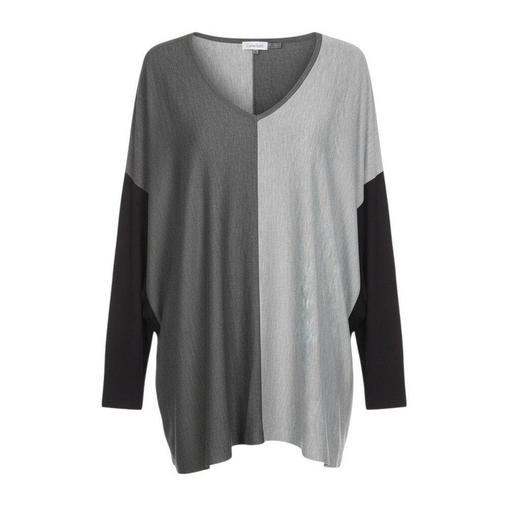 Calvin Klein Womens Colorblock V-Neck Tunic Sweater Grey Black OX/1X W8XS6751